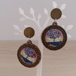 Tree of life wooden multicolored earrings NWT